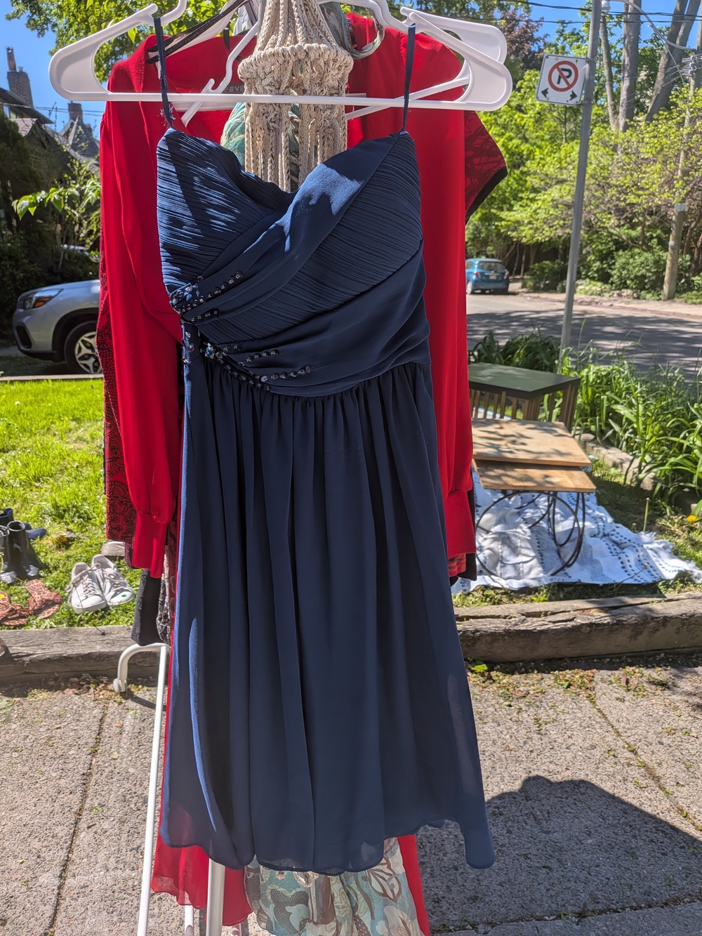 le chateau Navy Pleated Chiffon Spaghetti Strapless Dress